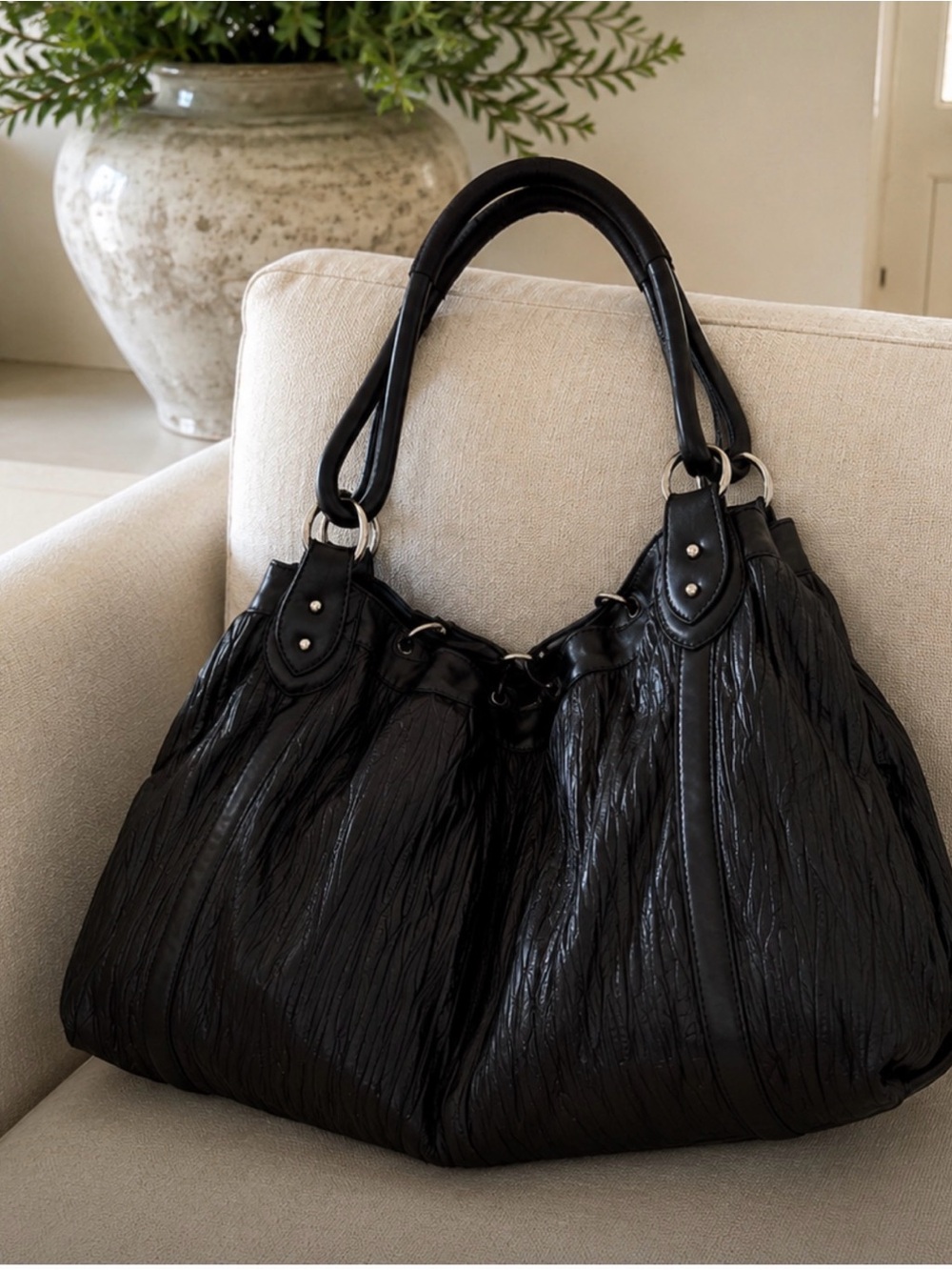 Donald J Pliner Black Pleated Leather Oversized Y2K Hobo Shoulder Bag